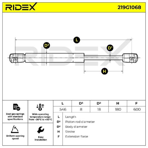 RIDEX 219G1068 Heckklappendämpfer beidseitig Länge:546mm 600N Hub: 180mm für KIA Bild RIDEX 219G1068 Heckklappendämpfer beidseitig Länge:546mm 600N Hub: 180mm für KIA