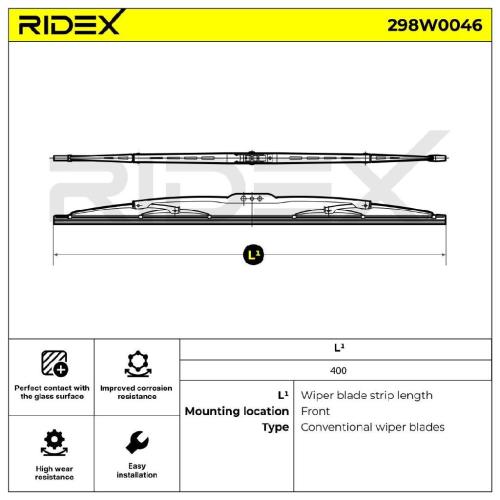 RIDEX Scheibenwischer Wischblatt Stück ohne Spoiler Vorne Länge: 400mm Standard Bild RIDEX Scheibenwischer Wischblatt Stück ohne Spoiler Vorne Länge: 400mm Standard
