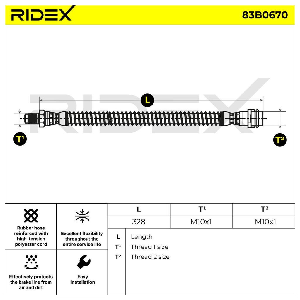 RIDEX Bremsschlauch 83B0670 HINTEN beidseitig BREMSSCHLÄUCHE Länge: 305mm