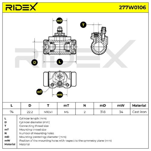 RIDEX 277W0106 1x Radbremszylinder Trommelbremse Radzylinder Hinten beidseitig Bild RIDEX 277W0106 1x Radbremszylinder Trommelbremse Radzylinder Hinten beidseitig