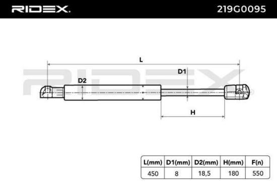RIDEX 219G0095 Heckklappendämpfer hinten Länge:450mm 550N Hub: 180mm für VW Bild RIDEX 219G0095 Heckklappendämpfer hinten Länge:450mm 550N Hub: 180mm für VW