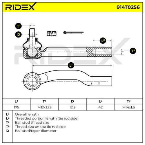 RIDEX Spurstangenkopf außen links Vorderachse Traggelenk M12X1.25 914T0256 Bild RIDEX Spurstangenkopf außen links Vorderachse Traggelenk M12X1.25 914T0256