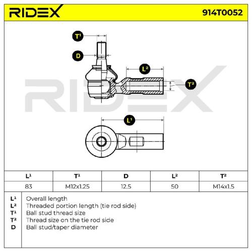 RIDEX Spurstangenkopf außen rechts links Traggelenk M12x1,25 M14x1,5 914T0052 Bild RIDEX Spurstangenkopf außen rechts links Traggelenk M12x1,25 M14x1,5 914T0052