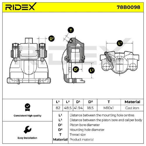 RIDEX 78B0098 Bremssattel Bremszange Hinten links für VOLVO V70 II (285) 8601561 Bild RIDEX 78B0098 Bremssattel Bremszange Hinten links für VOLVO V70 II (285) 8601561
