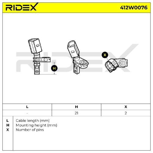 RIDEX ABS-Sensor 412W0076 Vorderachse links Sensorart: Hallsensor Anzahl der Bild RIDEX ABS-Sensor 412W0076 Vorderachse links Sensorart: Hallsensor Anzahl der