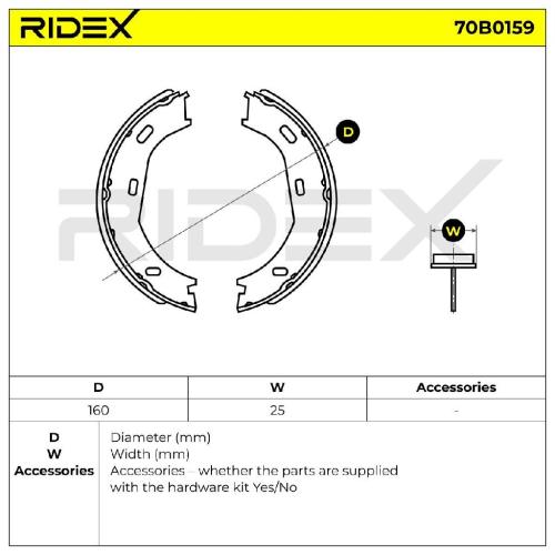RIDEX Bremsbacken Satz für Trommelbremse Hinten ohne Zubehör 70B0159 Bild RIDEX Bremsbacken Satz für Trommelbremse Hinten ohne Zubehör 70B0159