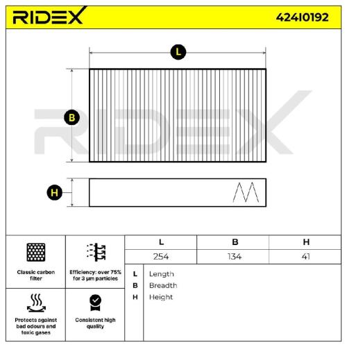 RIDEX 424I0192 Innenraumfilter Pollenfilter Aktivkohlefilter Höhe: 41 Breite: Bild RIDEX 424I0192 Innenraumfilter Pollenfilter Aktivkohlefilter Höhe: 41 Breite: