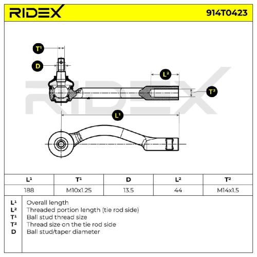 RIDEX Spurstangenkopf Vorderachse links Traggelenk 914T0423 mit Rechtsgewinde Bild RIDEX Spurstangenkopf Vorderachse links Traggelenk 914T0423 mit Rechtsgewinde