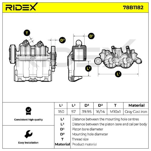 RIDEX 78B1182 Bremssattel Bremszange Vorne links für VOLVO 850 Kombi (855) für Bild RIDEX 78B1182 Bremssattel Bremszange Vorne links für VOLVO 850 Kombi (855) für