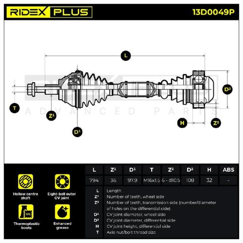 RIDEX PLUS Antriebswelle Achswelle Vorderachse/Vorne rechts für VW 13D0049P Bild RIDEX PLUS Antriebswelle Achswelle Vorderachse/Vorne rechts für VW 13D0049P