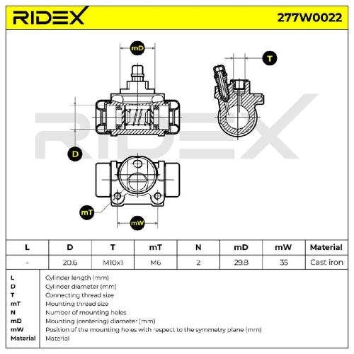 RIDEX 277W0022 1x Radbremszylinder Trommelbremse Radzylinder Hinten beidseitig Bild RIDEX 277W0022 1x Radbremszylinder Trommelbremse Radzylinder Hinten beidseitig