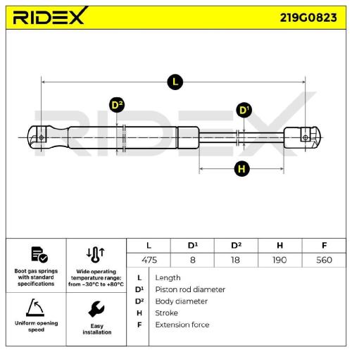 RIDEX 219G0823 Heckklappendämpfer hinten Länge:475mm 560N Hub: 190mm für OPEL Bild RIDEX 219G0823 Heckklappendämpfer hinten Länge:475mm 560N Hub: 190mm für OPEL
