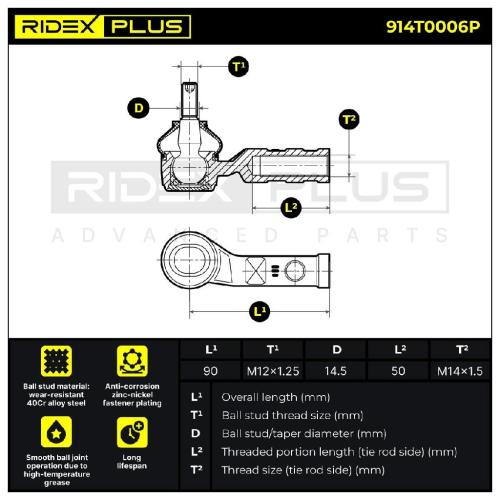 RIDEX PLUS Spurstangenkopf außen rechts Vorderachse Traggelenk M10X1.25 Bild RIDEX PLUS Spurstangenkopf außen rechts Vorderachse Traggelenk M10X1.25