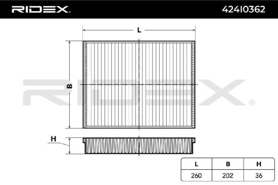 RIDEX 424I0362 Innenraumfilter Pollenfilter Höhe: 36 Breite: 202 Länge: 260 Bild RIDEX 424I0362 Innenraumfilter Pollenfilter Höhe: 36 Breite: 202 Länge: 260