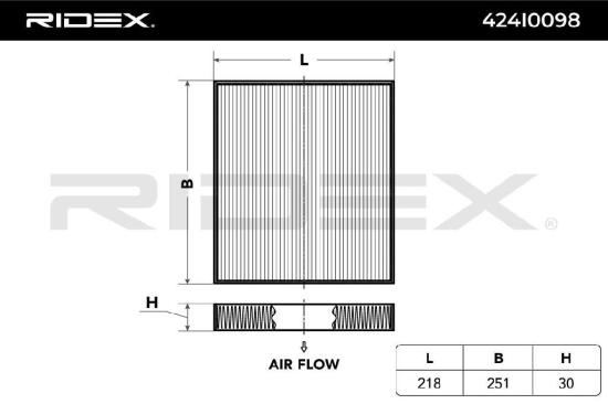 RIDEX 424I0098 Innenraumfilter Pollenfilter Höhe: 30 Breite: 250 Länge: 221 Bild RIDEX 424I0098 Innenraumfilter Pollenfilter Höhe: 30 Breite: 250 Länge: 221