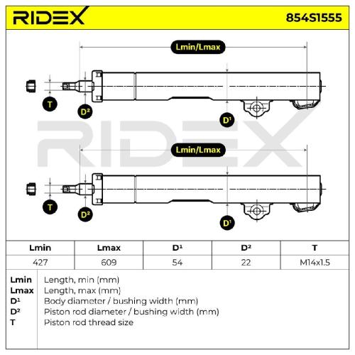 RIDEX 854S1555 2x Stoßdämpfer Federbein Gasdruck Vorne passend für MERCEDES-BENZ Bild RIDEX 854S1555 2x Stoßdämpfer Federbein Gasdruck Vorne passend für MERCEDES-BENZ