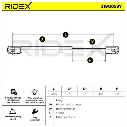 RIDEX 219G0597 Heckklappendämpfer beidseitig Länge:355,5mm 290N Hub: 136mm Bild RIDEX 219G0597 Heckklappendämpfer beidseitig Länge:355,5mm 290N Hub: 136mm