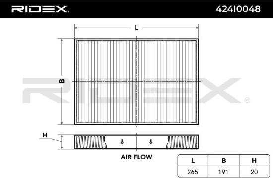 RIDEX 424I0048 Innenraumfilter Pollenfilter Höhe: 20 Breite: 191 Länge: 265 Bild RIDEX 424I0048 Innenraumfilter Pollenfilter Höhe: 20 Breite: 191 Länge: 265