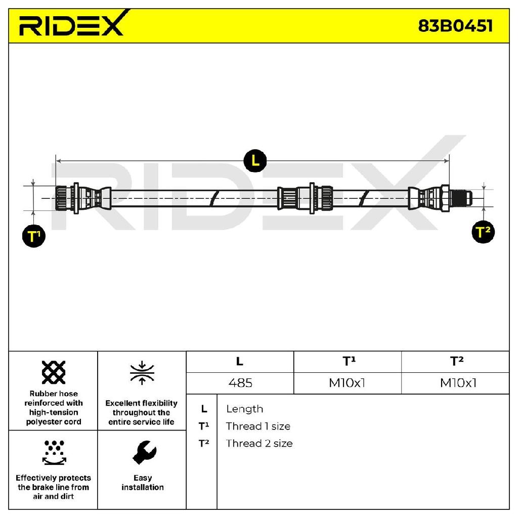 RIDEX Bremsschlauch 83B0451 HINTEN beidseitig BREMSSCHLÄUCHE Länge: 459,6mm