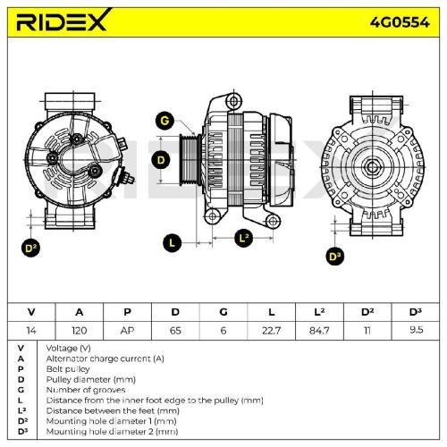 RIDEX 4G0554 Lichtmaschine 120A 14V Drehrichtung im Uhrzeigersinn mit Bild RIDEX 4G0554 Lichtmaschine 120A 14V Drehrichtung im Uhrzeigersinn mit
