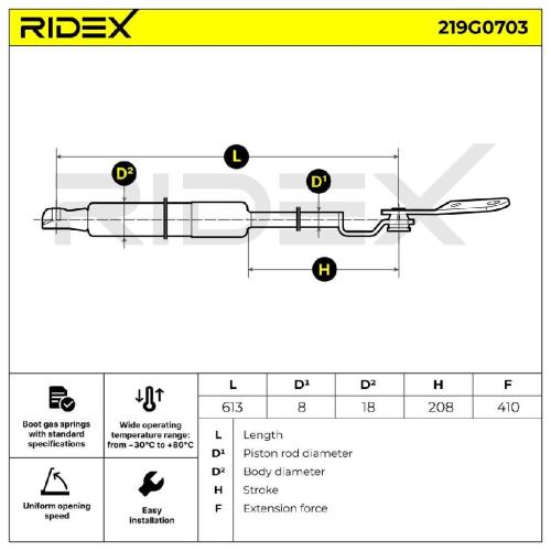 RIDEX 219G0703 Heckklappendämpfer hinten rechts Länge:616mm 390N Hub: 212mm Bild RIDEX 219G0703 Heckklappendämpfer hinten rechts Länge:616mm 390N Hub: 212mm