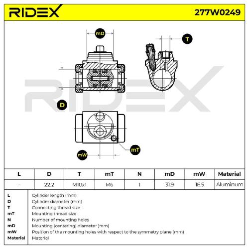 RIDEX 277W0249 1x Radbremszylinder Trommelbremse Radzylinder Hinten Ø22,00mm Bild RIDEX 277W0249 1x Radbremszylinder Trommelbremse Radzylinder Hinten Ø22,00mm