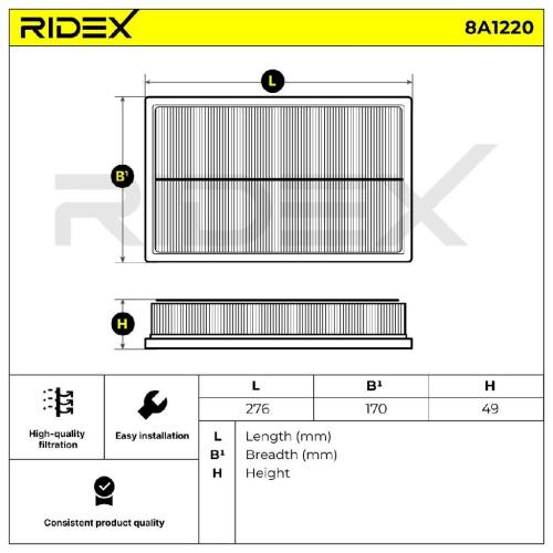 RIDEX 8A1220 Motor Luftfilter Filtereinsatz für VW Golf 5II Schrägheck T-Roc Bild RIDEX 8A1220 Motor Luftfilter Filtereinsatz für VW Golf 5II Schrägheck T-Roc