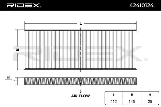 RIDEX 424I0124 Innenraumfilter Pollenfilter Höhe: 25 Breite: 144 Länge: 412 Bild RIDEX 424I0124 Innenraumfilter Pollenfilter Höhe: 25 Breite: 144 Länge: 412
