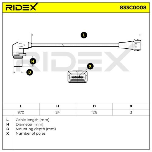 RIDEX Kurbelwellensensor 833C0008 970 mm Anzahl der Steckkontakte: 3 mit Kabel Bild RIDEX Kurbelwellensensor 833C0008 970 mm Anzahl der Steckkontakte: 3 mit Kabel