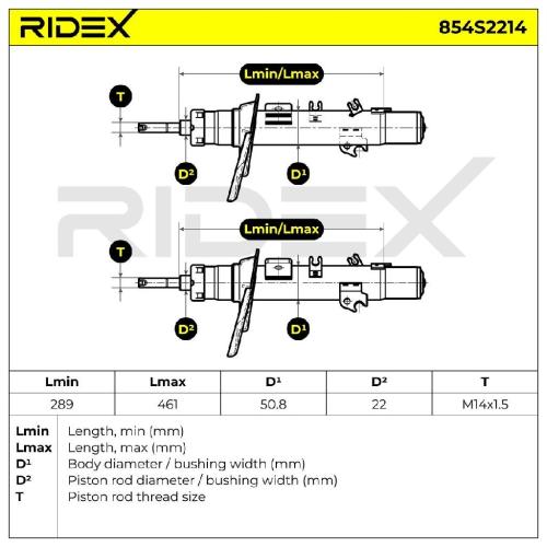 RIDEX 854S2214 2x Stoßdämpfer Federbein Gasdruck Vorne rechts links 520801 Bild RIDEX 854S2214 2x Stoßdämpfer Federbein Gasdruck Vorne rechts links 520801