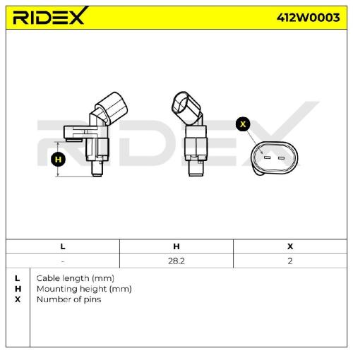RIDEX ABS-Sensor 412W0003 Vorderachse rechts Sensorart: Induktivsensor Anzahl Bild RIDEX ABS-Sensor 412W0003 Vorderachse rechts Sensorart: Induktivsensor Anzahl