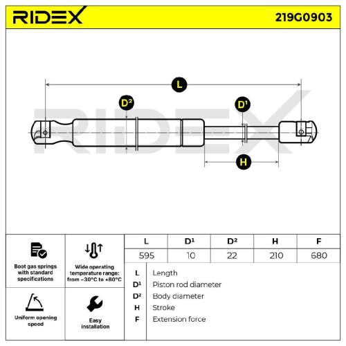 RIDEX 219G0903 Heckklappendämpfer hinten Länge:595mm 680N Hub: 205mm für HYUNDAI Bild RIDEX 219G0903 Heckklappendämpfer hinten Länge:595mm 680N Hub: 205mm für HYUNDAI