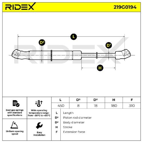 RIDEX 219G0194 Heckklappendämpfer beidseitig Fahrzeugheckklappe Länge:446mm 310N Bild RIDEX 219G0194 Heckklappendämpfer beidseitig Fahrzeugheckklappe Länge:446mm 310N