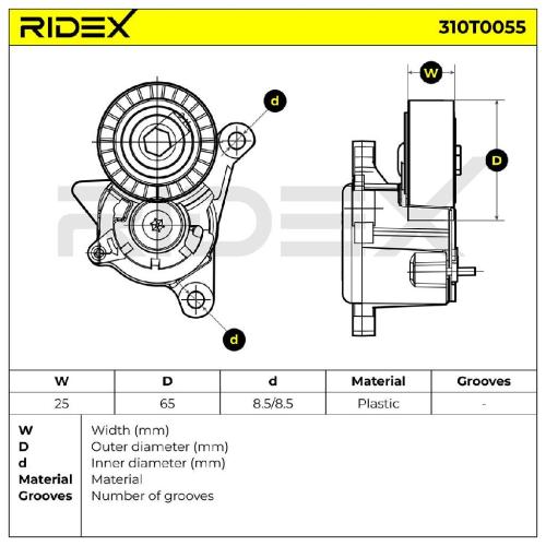 RIDEX 310T0055 Spannrolle Keilrippenriemen passend für PEUGEOT 206 Schrägheck Bild RIDEX 310T0055 Spannrolle Keilrippenriemen passend für PEUGEOT 206 Schrägheck