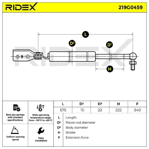 RIDEX 219G0459 Heckklappendämpfer rechts Länge:575mm 350N Hub: 235mm für MAZDA Bild RIDEX 219G0459 Heckklappendämpfer rechts Länge:575mm 350N Hub: 235mm für MAZDA
