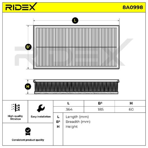RIDEX 8A0998 Motor Luftfilter Filtereinsatz mit Vorfilter für VW Golf 5I (5K1) Bild RIDEX 8A0998 Motor Luftfilter Filtereinsatz mit Vorfilter für VW Golf 5I (5K1)