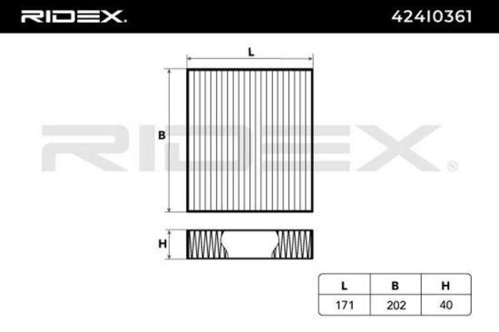 RIDEX 424I0361 Innenraumfilter Pollenfilter Höhe: 40 Breite: 178 Länge: 203 Bild RIDEX 424I0361 Innenraumfilter Pollenfilter Höhe: 40 Breite: 178 Länge: 203