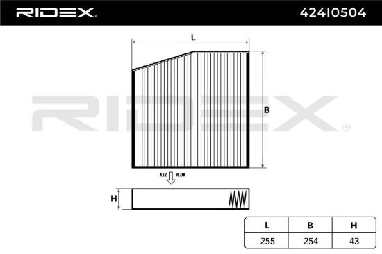 RIDEX 424I0504 Innenraumfilter Pollenfilter Höhe: 42 Breite: 254 Länge: 242 Bild RIDEX 424I0504 Innenraumfilter Pollenfilter Höhe: 42 Breite: 254 Länge: 242