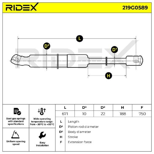 RIDEX 219G0589 Heckklappendämpfer hinten links Länge:671mm 750N Hub: 188mm Bild RIDEX 219G0589 Heckklappendämpfer hinten links Länge:671mm 750N Hub: 188mm