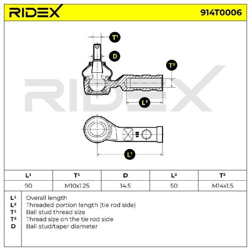 RIDEX Spurstangenkopf außen rechts Vorderachse Traggelenk M10X1.25 914T0006 Bild RIDEX Spurstangenkopf außen rechts Vorderachse Traggelenk M10X1.25 914T0006