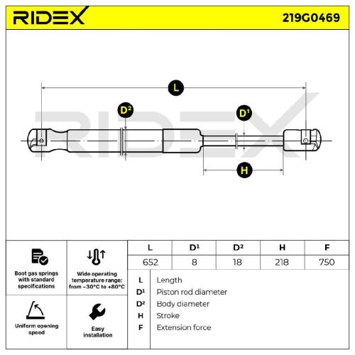 RIDEX 219G0469 Heckklappendämpfer beidseitig Länge:652mm 750N Hub: 218mm Bild RIDEX 219G0469 Heckklappendämpfer beidseitig Länge:652mm 750N Hub: 218mm