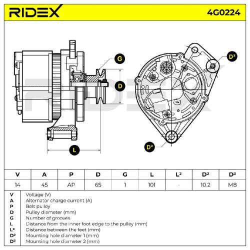 RIDEX 4G0224 Lichtmaschine 45A 12V Drehrichtung im Uhrzeigersinn mit für VW Bild RIDEX 4G0224 Lichtmaschine 45A 12V Drehrichtung im Uhrzeigersinn mit für VW