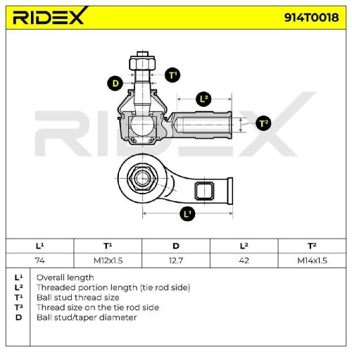 RIDEX Spurstangenkopf Vorderachse links Traggelenk M12x1,5 M14 x 1,5 914T0018 Bild RIDEX Spurstangenkopf Vorderachse links Traggelenk M12x1,5 M14 x 1,5 914T0018