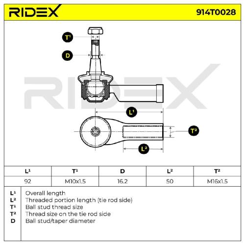 RIDEX Spurstangenkopf außen beidseitig Vorderachse Traggelenk M10X1.5 914T0028 Bild RIDEX Spurstangenkopf außen beidseitig Vorderachse Traggelenk M10X1.5 914T0028