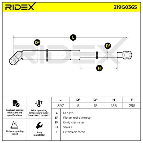 RIDEX 219G0365 Heckklappendämpfer hinten Länge:397mm 295N Hub: 158mm A2207500136 Bild RIDEX 219G0365 Heckklappendämpfer hinten Länge:397mm 295N Hub: 158mm A2207500136