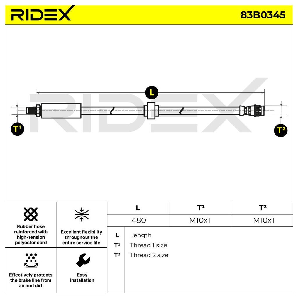 RIDEX Bremsschlauch 83B0345 VORNE beidseitig BREMSSCHLÄUCHE Länge: 480mm