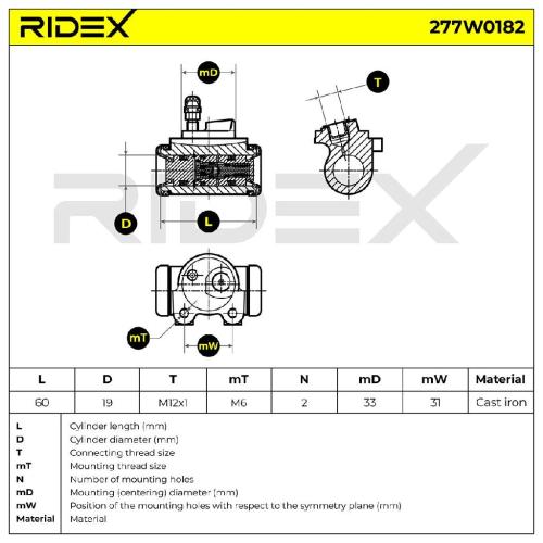 RIDEX 277W0182 1x Radbremszylinder Trommelbremse Radzylinder Hinten links Ø19mm Bild RIDEX 277W0182 1x Radbremszylinder Trommelbremse Radzylinder Hinten links Ø19mm