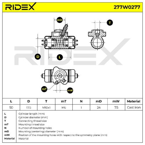 RIDEX 277W0277 1x Radbremszylinder Trommelbremse Radzylinder Hinten links Bild RIDEX 277W0277 1x Radbremszylinder Trommelbremse Radzylinder Hinten links