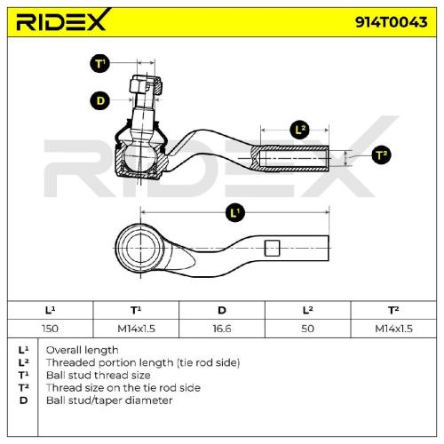 RIDEX Spurstangenkopf Vorderachse rechts Traggelenk 14x1,5 914T0043 mit Bild RIDEX Spurstangenkopf Vorderachse rechts Traggelenk 14x1,5 914T0043 mit