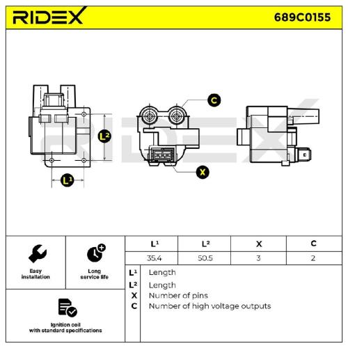 RIDEX 689C0155 Zündspule Anschlussanzahl 3 für RENAULT Clio 1I 138766 7700100643 Bild RIDEX 689C0155 Zündspule Anschlussanzahl 3 für RENAULT Clio 1I 138766 7700100643